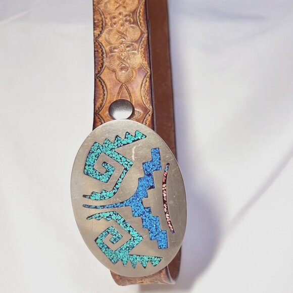 Mexican Silver-Turquoise Belt Buckle-Inlaid Stones/Chips-Tooled Leather Vintage main image 9